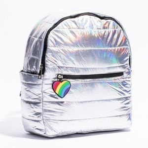 NEW Puff rainbow heart silver backpack